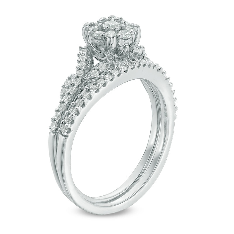 Main Image 2 of Previously Owned - 1/2 CT. T.W. Diamond Frame Vine Split Shank Bridal Set in 10K White Gold