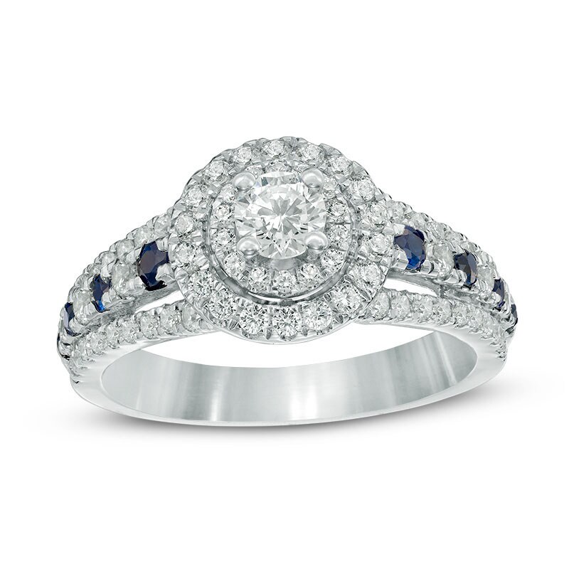 Previously Owned - Vera Wang Love Collection 7/8 CT. T.W. Diamond and Sapphire Frame Engagement Ring in 14K White Gold