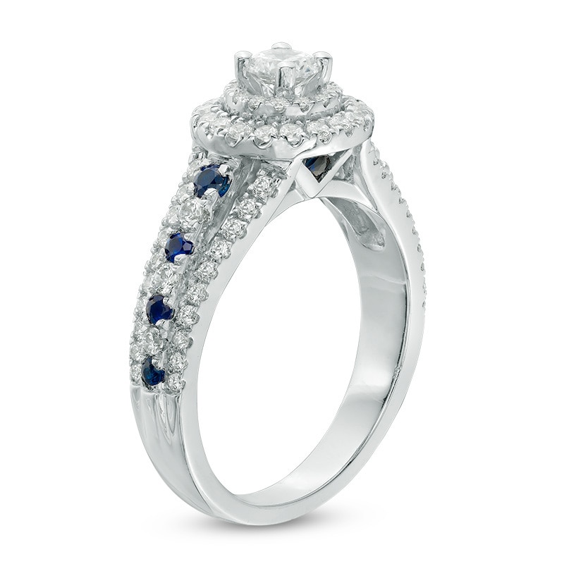 Previously Owned - Vera Wang Love Collection 7/8 CT. T.W. Diamond and Sapphire Frame Engagement Ring in 14K White Gold