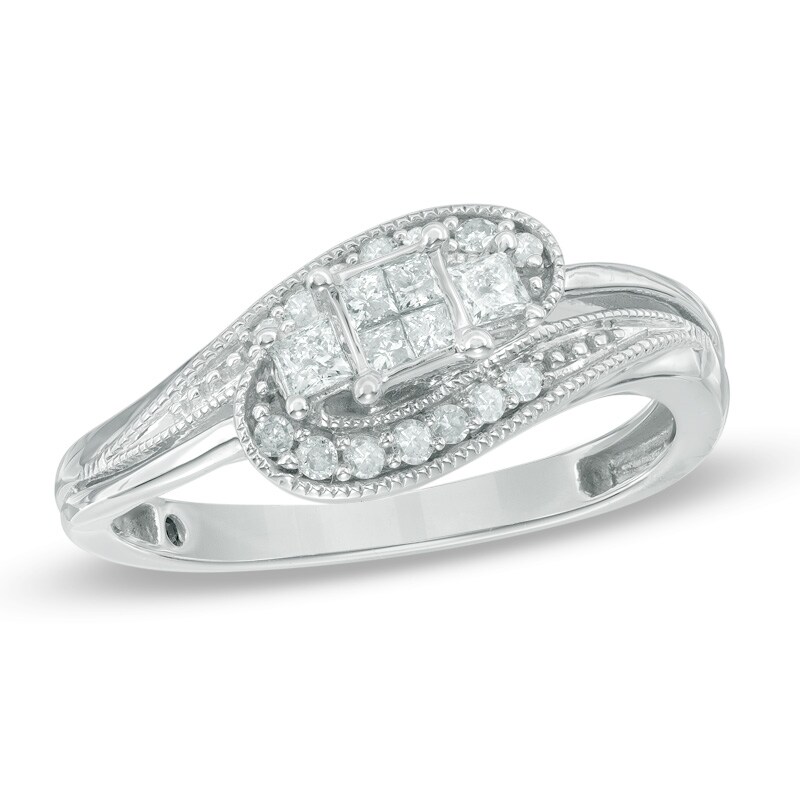 Main Image 1 of Previously Owned - Cherished Promise Collection™ 1/4 CT. T.W. Quad Princess-Cut Diamond Bypass Ring in 10K White Gold