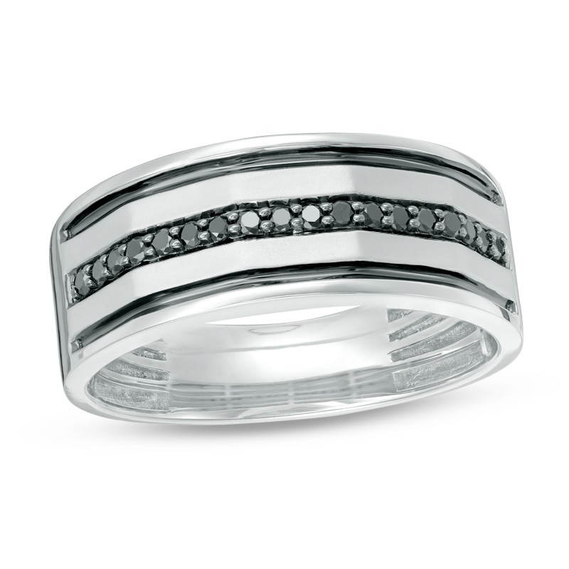 Previously Owned - Men's 1/5 CT. T.W. Black Diamond center Row Wedding Band in 10K White Gold