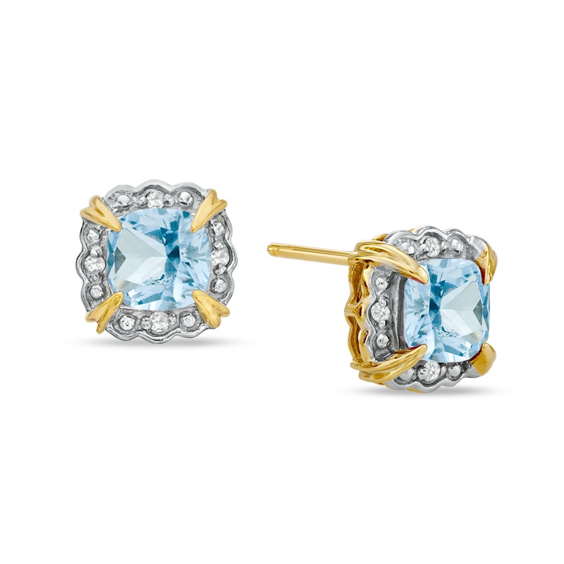 Previously Owned - 6.0mm Cushion-Cut Simulated Aquamarine and Diamond Accent Frame Stud Earrings in 10K Gold