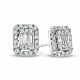 Previously Owned - 5/8 CT. T.W. Baguette and Round Diamond Stud Earrings in 14K White Gold
