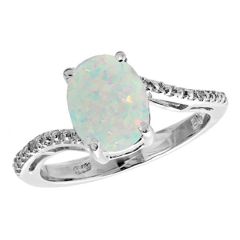 Previously Owned - Oval Lab-Created Opal and Diamond Accent Ring in Sterling Silver