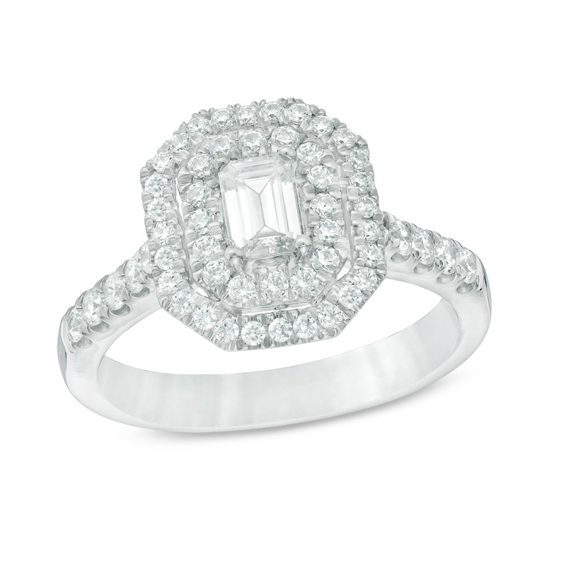 Main Image 1 of Previously Owned - Celebration Ideal 1 CT. T.W. Emerald-Cut Diamond Frame Engagement Ring in 14K White Gold (I/I1)