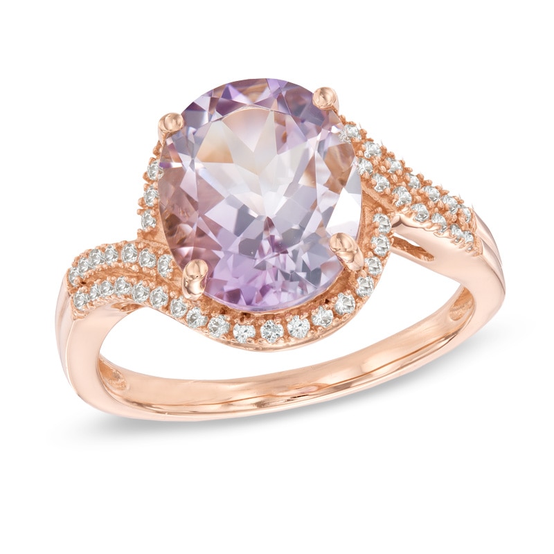 Previously Owned - Oval Rose de France Amethyst and Lab-Created White Sapphire Frame Bypass Ring in 10K Rose Gold