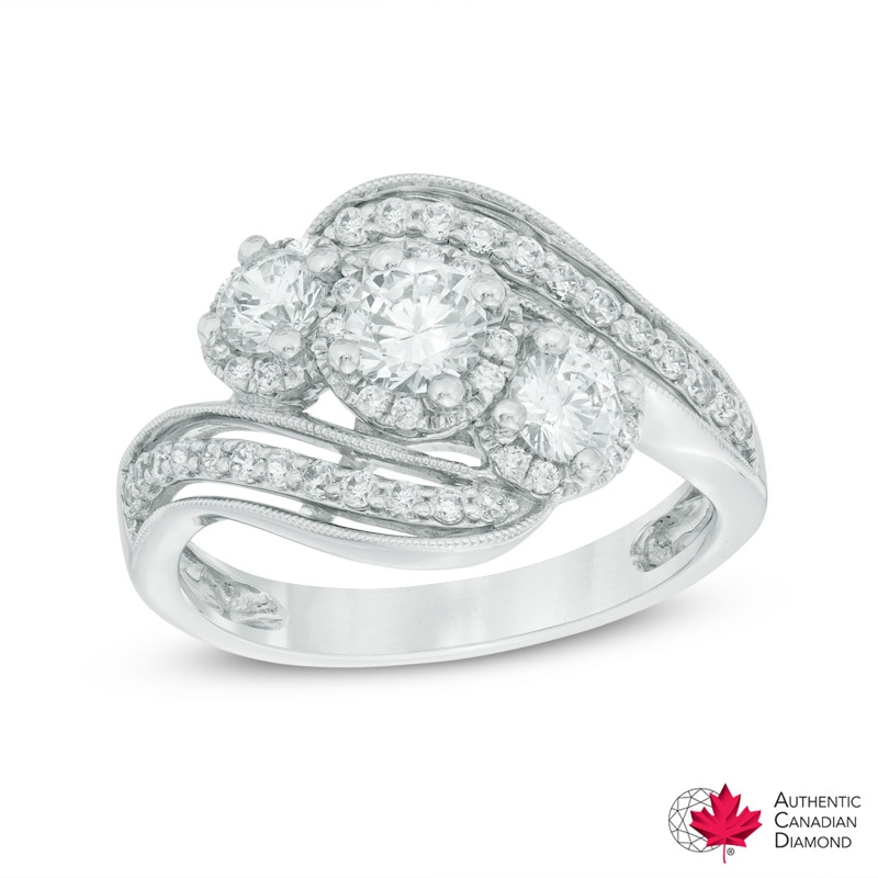 Main Image 1 of Previously Owned - 1 CT. T.W. Diamond Three Stone Slant Engagement Ring in 14K White Gold (I/I2)