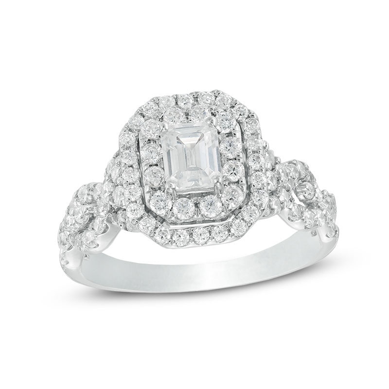 Main Image 1 of Previously Owned - Celebration Ideal 1-1/2 CT. T.W. Emerald-Cut Diamond Frame Engagement Ring in 14K White Gold