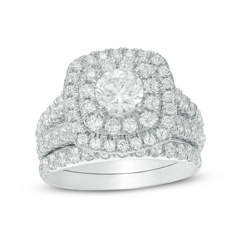 Main Image 1 of Previously Owned - 2-1/2 CT. T.W. Canadian Diamond Double Cushion Frame Bridal Set in 14K White Gold (I/I2)