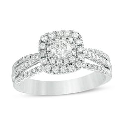 Previously Owned - 3/4 CT. T.W. Diamond Double Cushion Frame Multi-Row Split Shank Engagement Ring in 14K White Gold