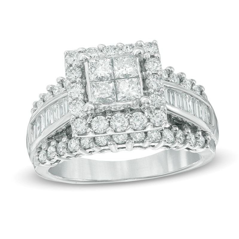 Main Image 1 of Previously Owned - 2 CT. T.W. Quad Princess-Cut and Baguette Diamond Engagement Ring in 14K White Gold
