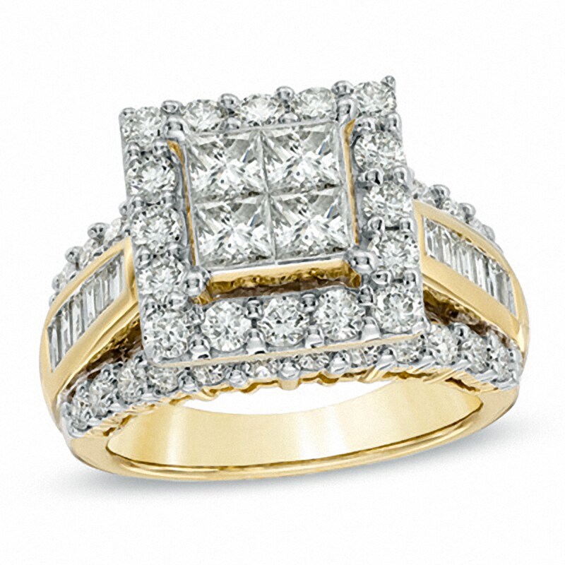 Main Image 1 of Previously Owned - 3 CT. T.W. Quad Princess-Cut Diamond Frame Ring in 14K Gold