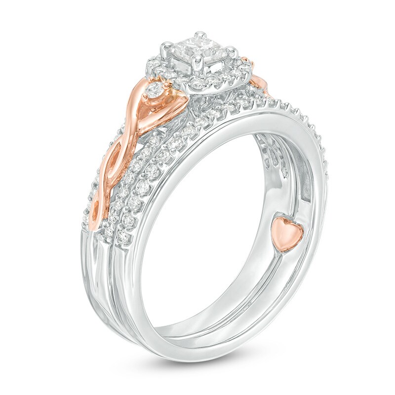 Previously Owned - 5/8 CT. T.W. Princess-Cut Diamond Frame Interlocking Bridal Set in 10K Two-Tone Gold