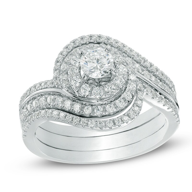 Main Image 1 of Previously Owned - 1 CT. T.W. Diamond Swirl Frame Three Piece Bridal Set in 14K White Gold
