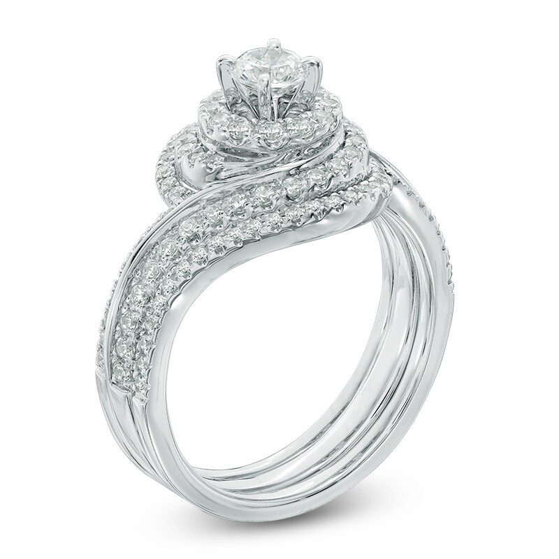 Main Image 2 of Previously Owned - 1 CT. T.W. Diamond Swirl Frame Three Piece Bridal Set in 14K White Gold