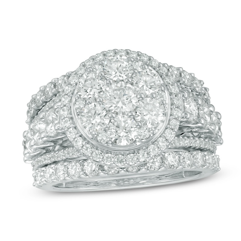 Main Image 1 of Previously Owned - 3-1/2 CT. T.W. Diamond Double Frame Three Piece Bridal Set in 14K White Gold