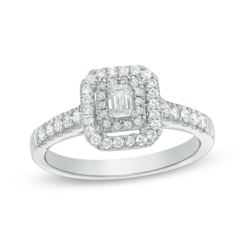 Previously Owned - 1/2 CT. T.W. Emerald-Cut Diamond Double Frame Engagement Ring in 14K White Gold