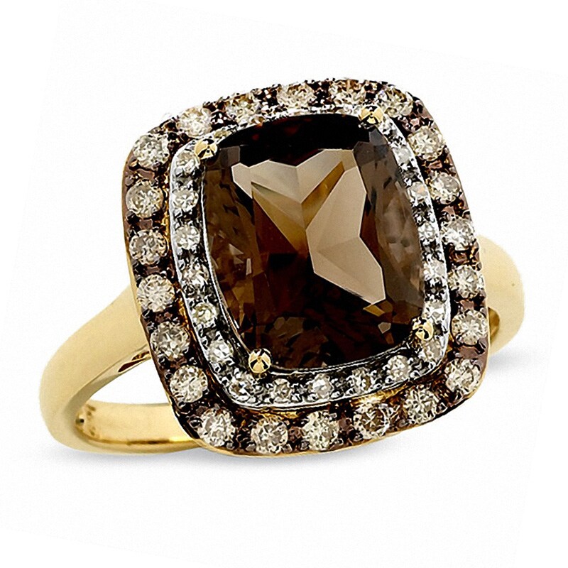Main Image 1 of Previously Owned - Cushion-Cut Smoky Quartz Ring in 14K Gold with Enhanced Champagne and White Diamonds