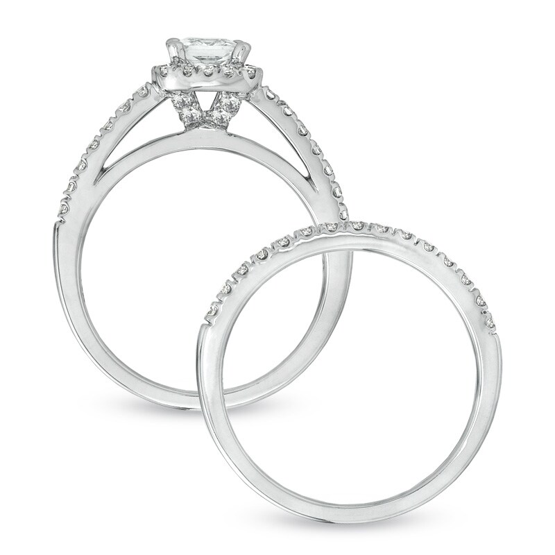 Main Image 3 of Previously Owned - Celebration Lux® 1-1/5 CT. T.W. Princess-Cut Diamond Bridal Set in 14K White Gold (I/SI2)