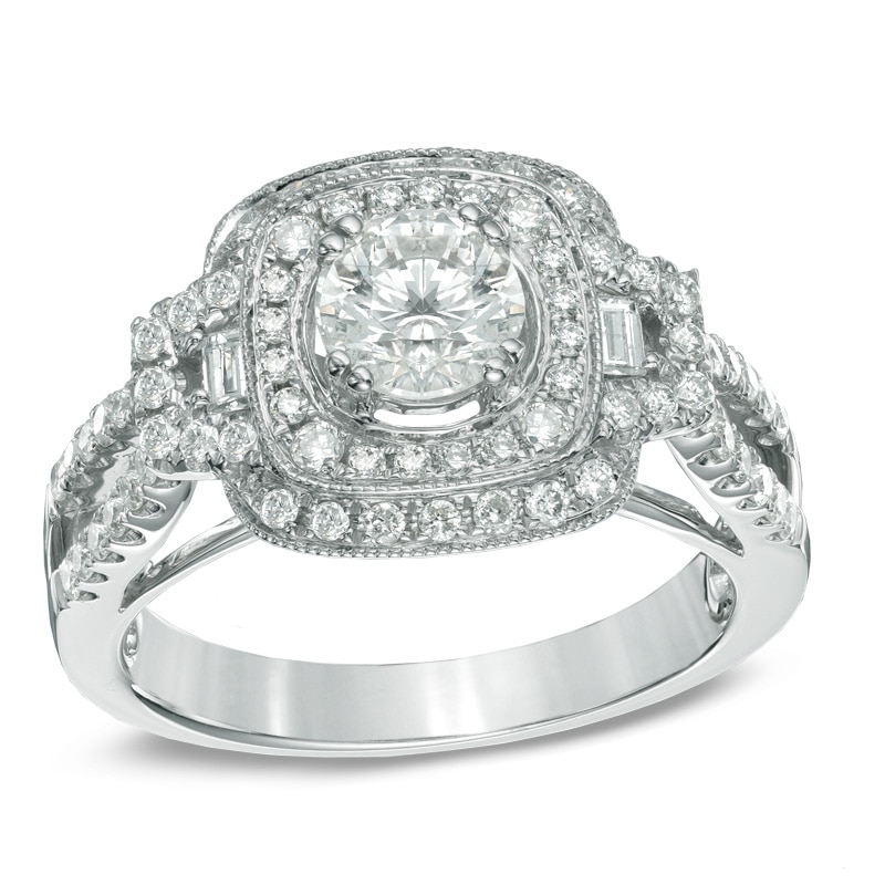 Main Image 1 of Previously Owned - Celebration Grand® 1-1/4 CT. T.W. Diamond Vintage-Style Engagement Ring in 14K White Gold (H-I/I1)