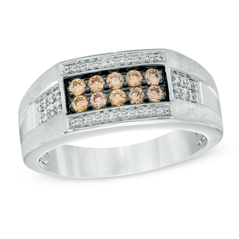 Previously Owned - 1/2 CT. T.W. Champagne and White Diamond Men's Band in 10K White Gold