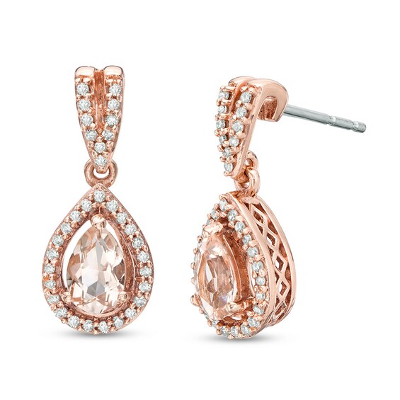 Previously Owned - Pear-Shaped Morganite and Diamond Accent Frame Drop Earrings in 10K Rose Gold Previously Owned - Pear-Shaped Morganite and Diamond Accent Frame Drop Earrings in 10K Rose Gold