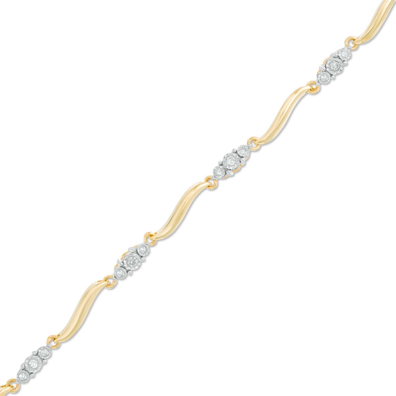 Main Image 1 of Previously Owned - 1/8 CT. T.W. Diamond Three Stone Curved Station Bracelet in 10K Gold