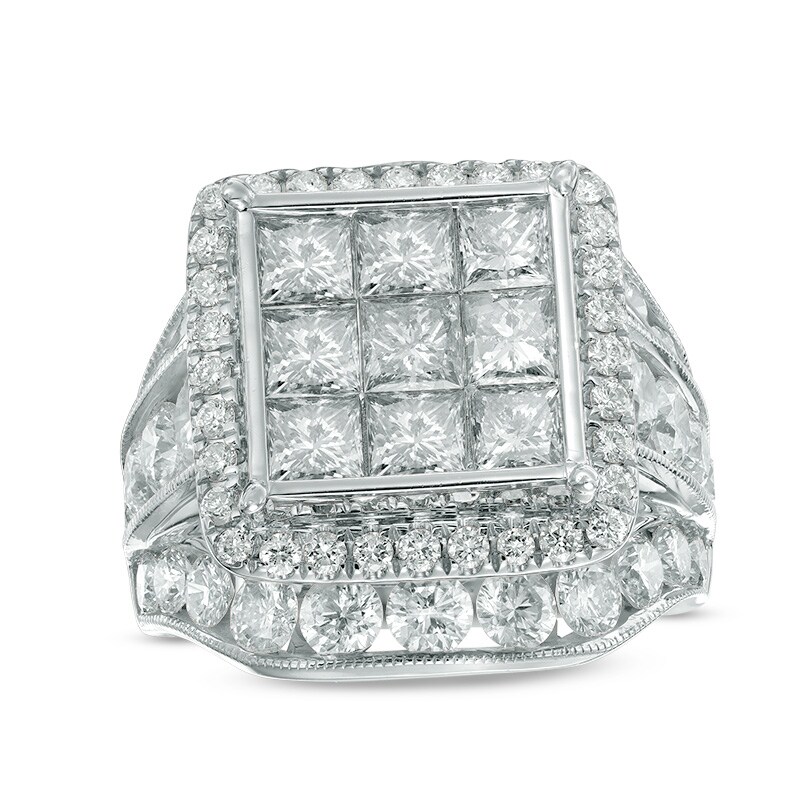 Main Image 1 of Previously Owned - 7 CT. T.W. Princess-Cut Composite Diamond Frame Triple Row Engagement Ring in 14K White Gold