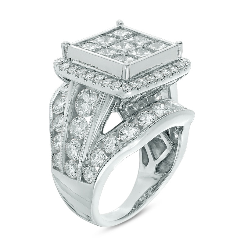 Main Image 2 of Previously Owned - 7 CT. T.W. Princess-Cut Composite Diamond Frame Triple Row Engagement Ring in 14K White Gold