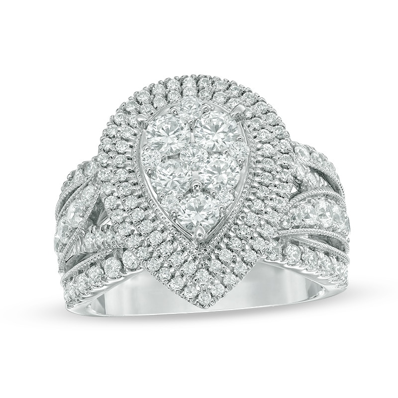Previously Owned - 2 CT. T.W. Composite Diamond Pear Frame Multi-Row Vintage-Style Engagement Ring in 14K White Gold