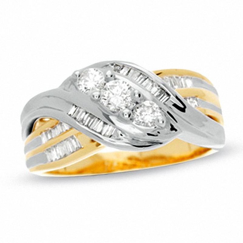 Main Image 1 of Previously Owned - 1/2 CT. T.W. Diamond Three Stone Cross Over Ring in 14K Two-Tone Gold