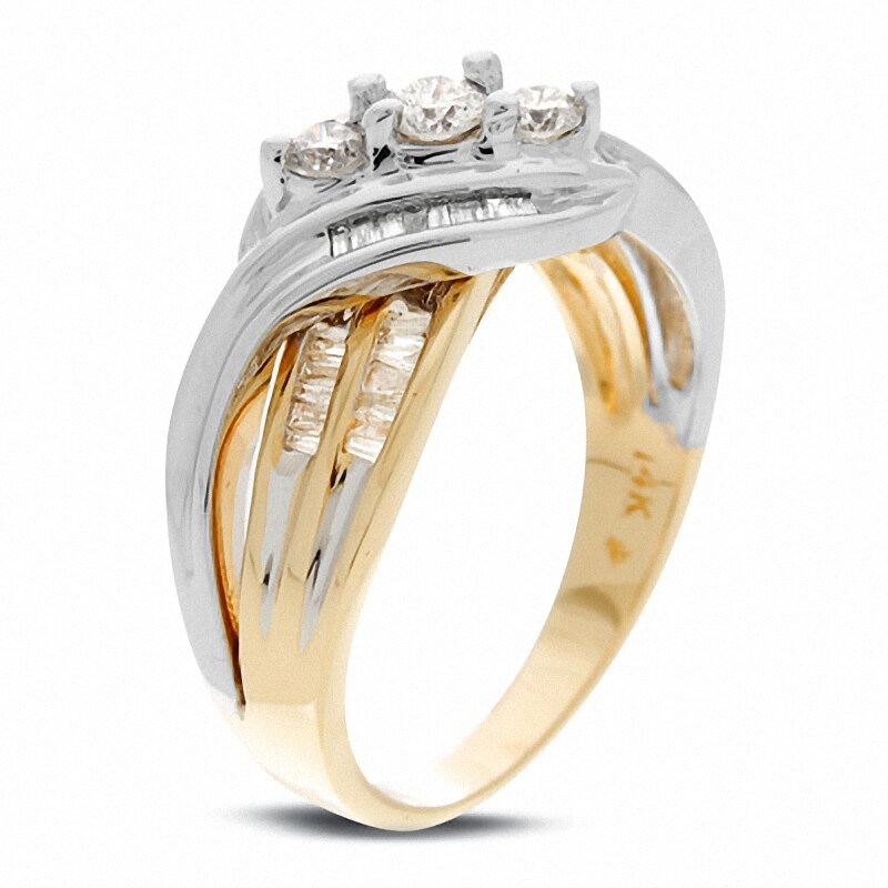 Main Image 2 of Previously Owned - 1/2 CT. T.W. Diamond Three Stone Cross Over Ring in 14K Two-Tone Gold