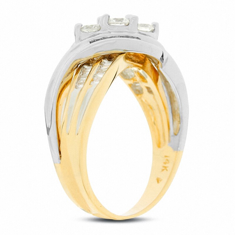 Main Image 4 of Previously Owned - 1/2 CT. T.W. Diamond Three Stone Cross Over Ring in 14K Two-Tone Gold