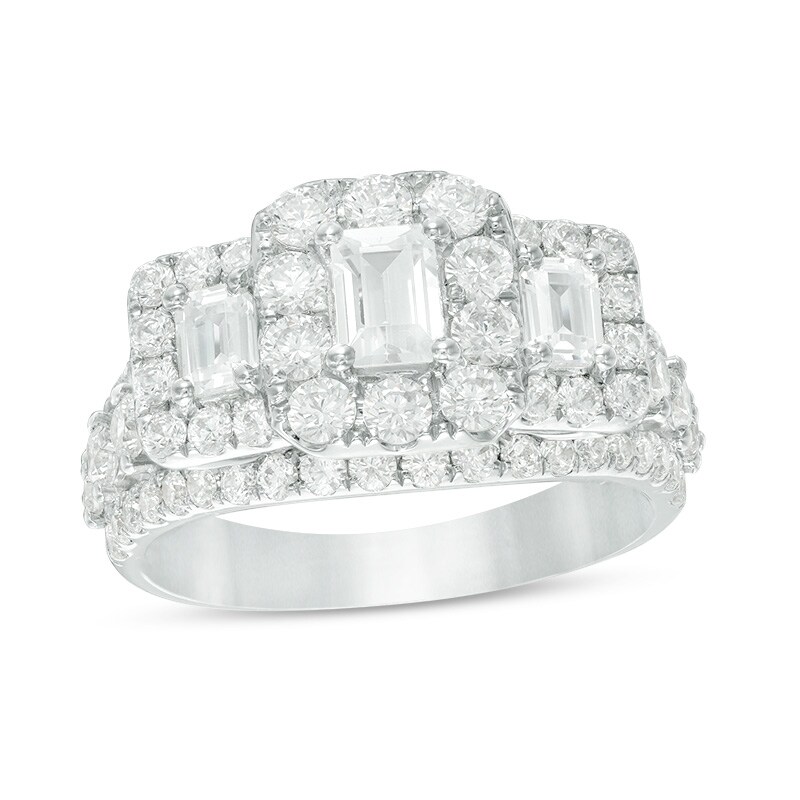 Previously Owned - 2-1/2 CT. T.W. Emerald-Cut Diamond Past Present Future® Frame Engagement Ring in 14K White Gold