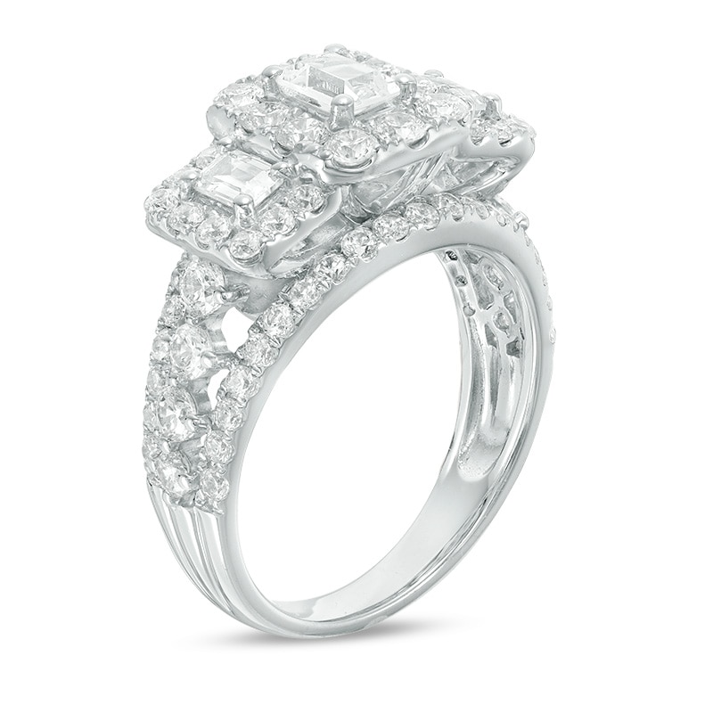Previously Owned - 2-1/2 CT. T.W. Emerald-Cut Diamond Past Present Future® Frame Engagement Ring in 14K White Gold