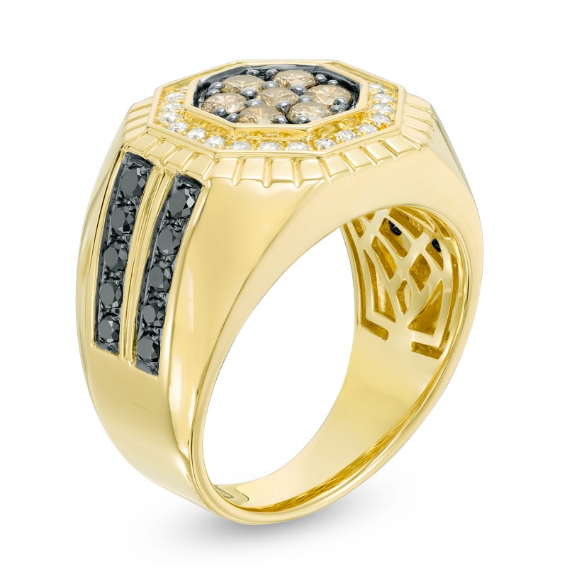 Main Image 2 of Previously Owned - Men's 1-1/2 CT. T.W. Enhanced Black, Champagne and White Diamond Signet Octagon Frame Ring in 10K Gold