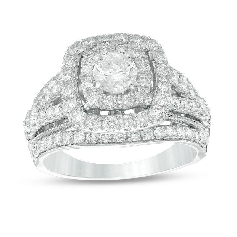 Previously Owned - 2 CT. T.W. Composite Diamond Frame Multi-Row Vintage-Style Engagement Ring in 14K White Gold