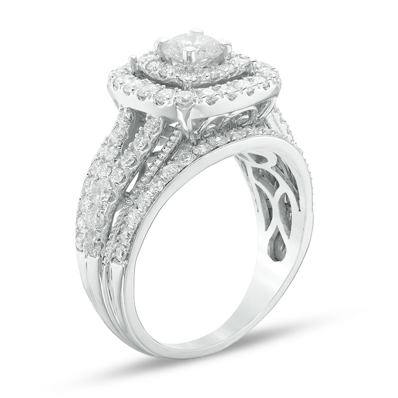 Previously Owned - 2 CT. T.W. Composite Diamond Frame Multi-Row Vintage-Style Engagement Ring in 14K White Gold