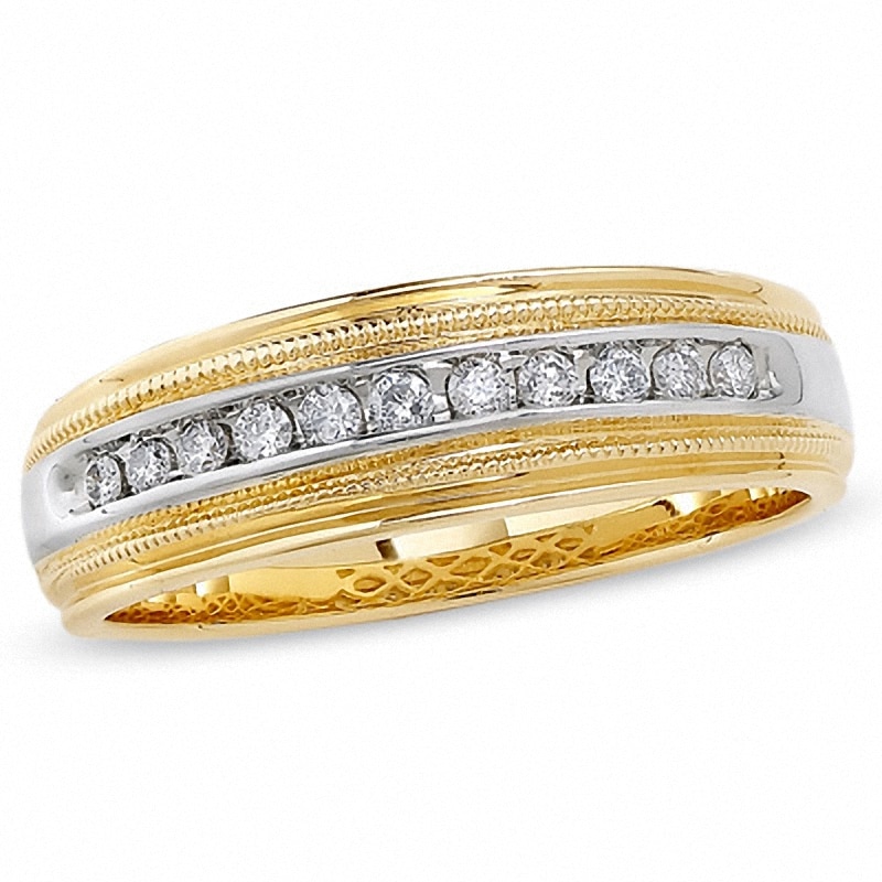 Main Image 1 of Previously Owned - 1/4 CT. T.W. Diamond Channel Milgrain Band in 14K Two-Tone Gold