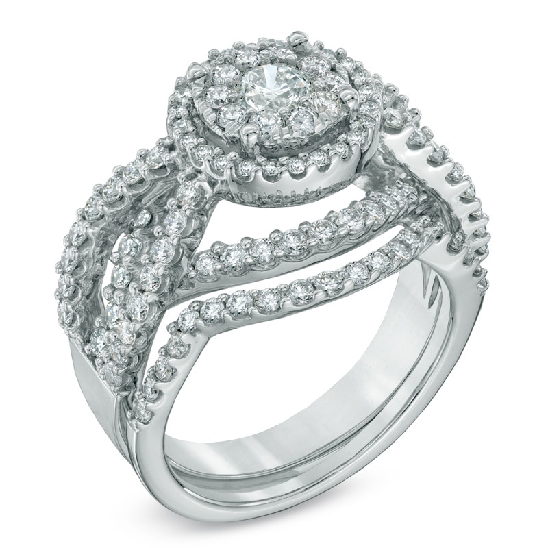 Previously Owned - 2 CT. T.W. Diamond Cluster Bridal Set in 14K White Gold