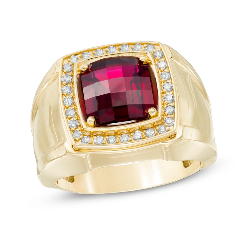 Main Image 1 of Previously Owned - Men's 9.0mm Cushion-Cut Lab-Created Garnet and 1/4 CT. T.W. Diamond Comfort Fit Ring in 10K Gold