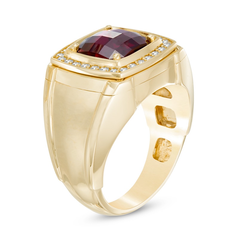Main Image 2 of Previously Owned - Men's 9.0mm Cushion-Cut Lab-Created Garnet and 1/4 CT. T.W. Diamond Comfort Fit Ring in 10K Gold