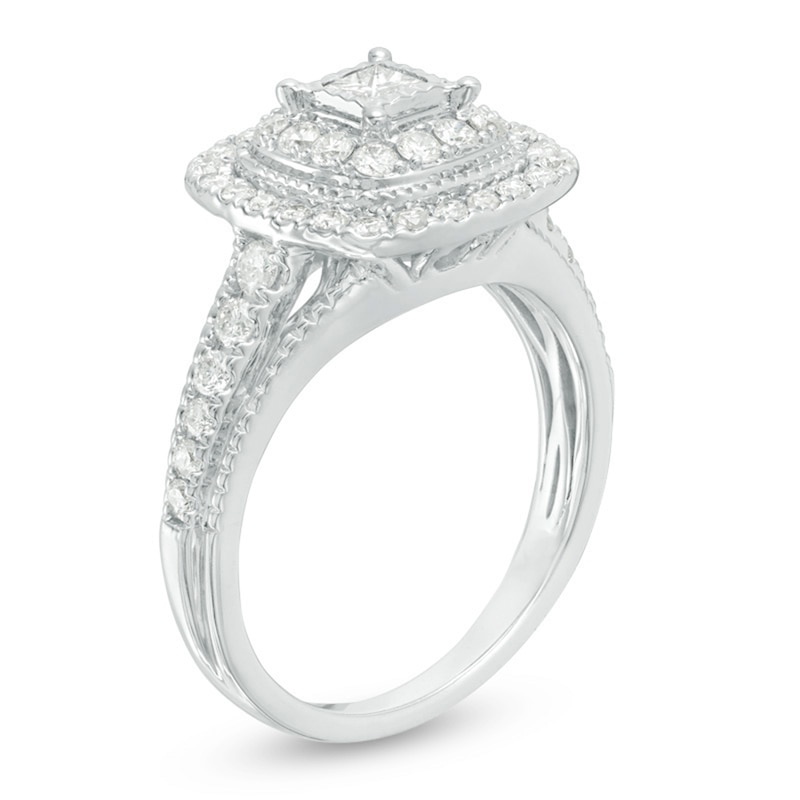 Previously Owned - 3/4 CT. T.W. Princess-Cut Diamond Double Frame Vintage-Style Engagement Ring in 14K White Gold