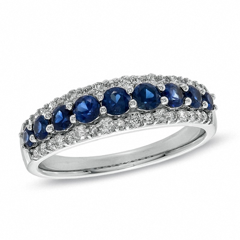 Previously Owned - Blue Sapphire and 1/3 CT. T.W. Diamond Band in 14K White Gold
