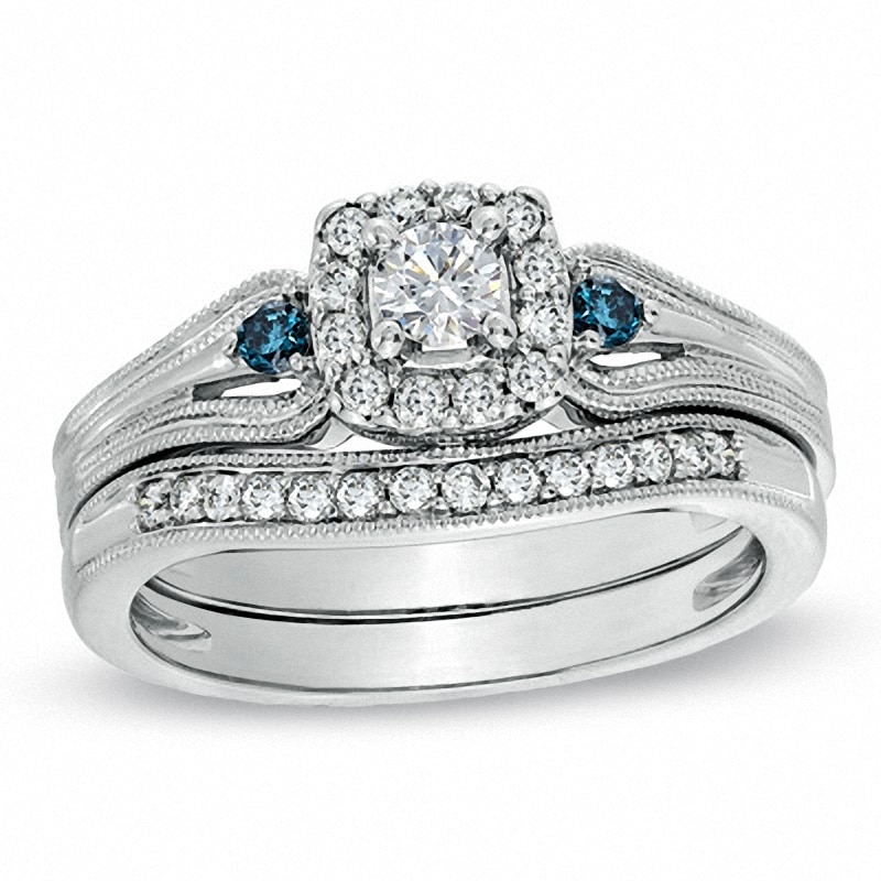 Main Image 1 of Previously Owned 1/2 CT. T.W.  Blue and White Diamond Vintage-Style Frame Bridal Set in 10K White Gold