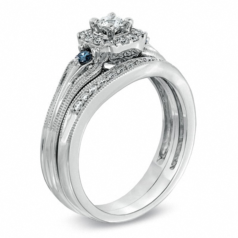 Main Image 2 of Previously Owned 1/2 CT. T.W.  Blue and White Diamond Vintage-Style Frame Bridal Set in 10K White Gold