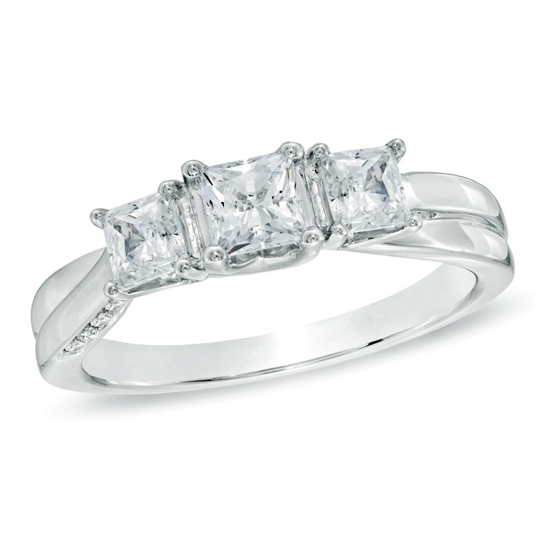 Main Image 1 of Previously Owned - Celebration 102® 1 CT. T.W. Princess-Cut Diamond Three Stone Ring in 18K White Gold (I/SI2)