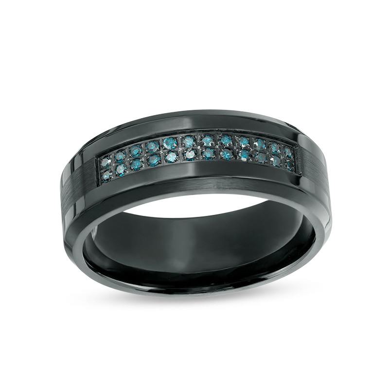 Previously Owned - Men's 1/6 CT. T.W. Enhanced Blue Diamond Comfort-Fit Wedding Band in Black IP Stainless Steel