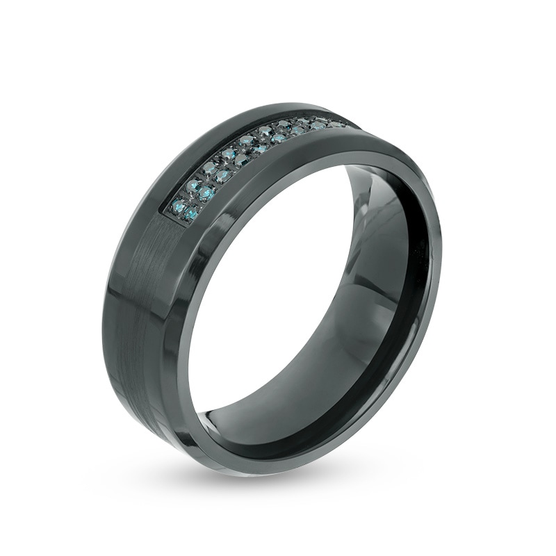 Previously Owned - Men's 1/6 CT. T.W. Enhanced Blue Diamond Comfort-Fit Wedding Band in Black IP Stainless Steel