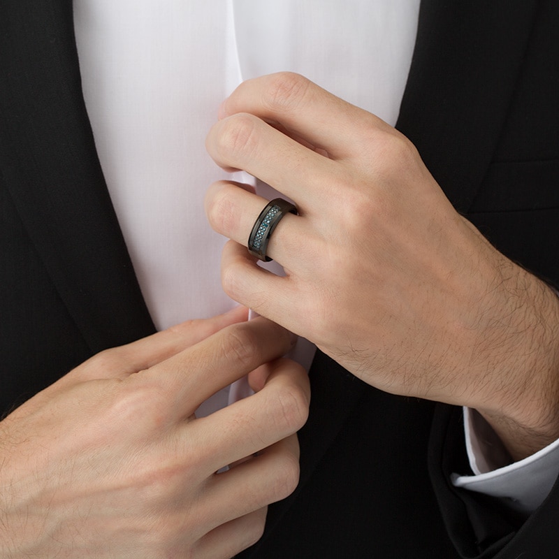 Previously Owned - Men's 1/6 CT. T.W. Enhanced Blue Diamond Comfort-Fit Wedding Band in Black IP Stainless Steel